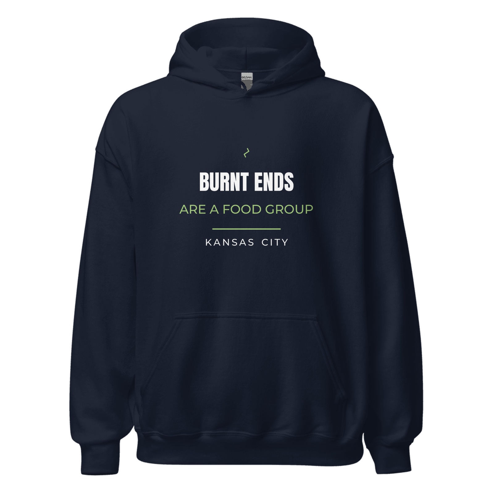 Navy hoodie with Kansas City, Missouri design: Burnt Ends Are a Food Group.