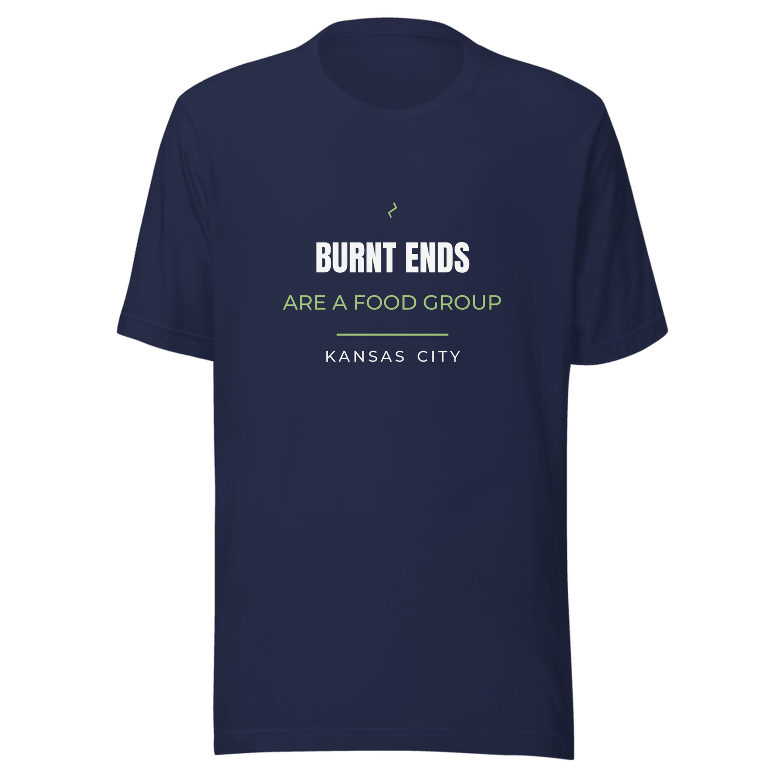 Navy tee with Kansas City, Missouri design: Burnt Ends Are a Food Group.