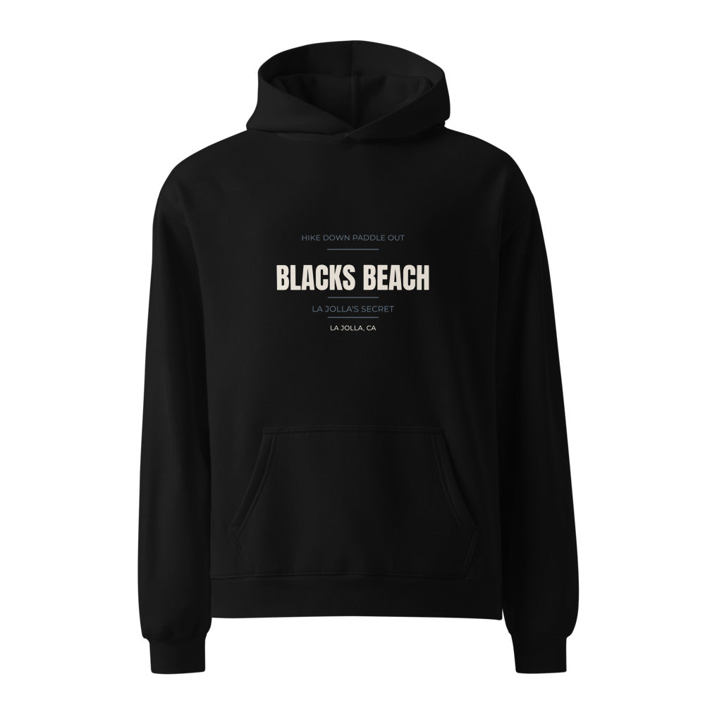 Black hoodie with Hike Down Paddle Out — La Jolla's Secret Blacks Beach print