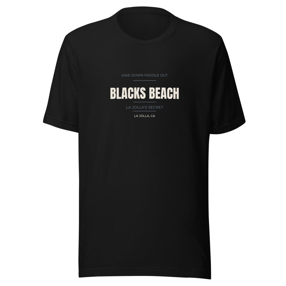Black tee front with Hike Down Paddle Out — La Jolla's Secret print