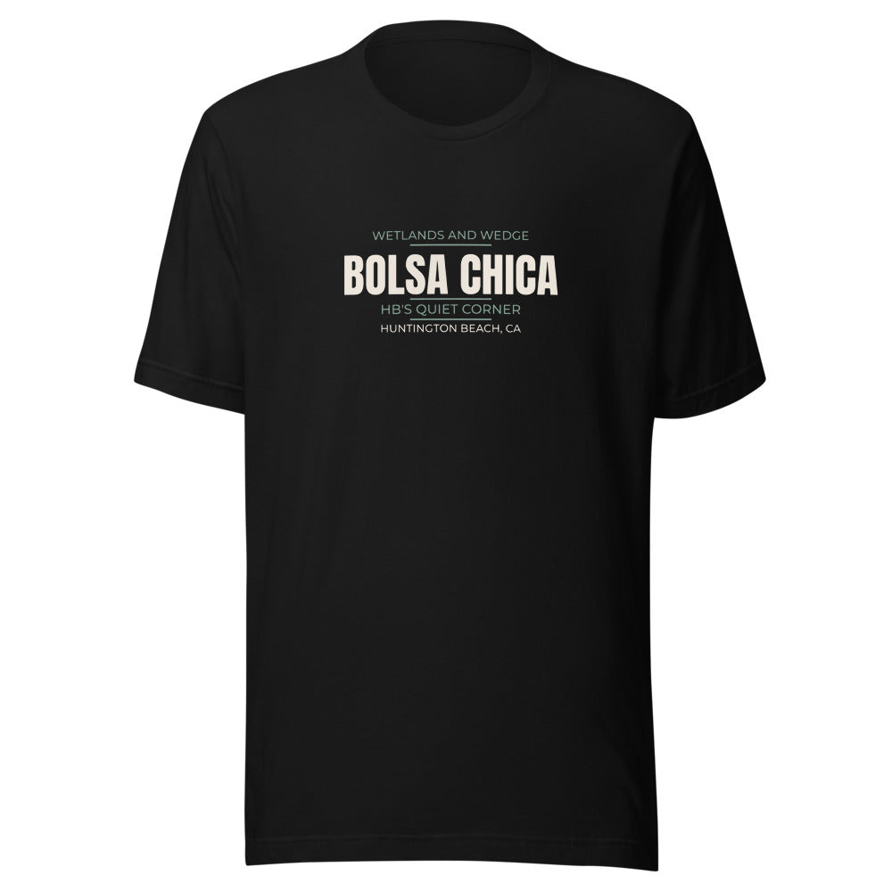 Black tee front with Wetlands and Wedge — HB's Quiet Corner print