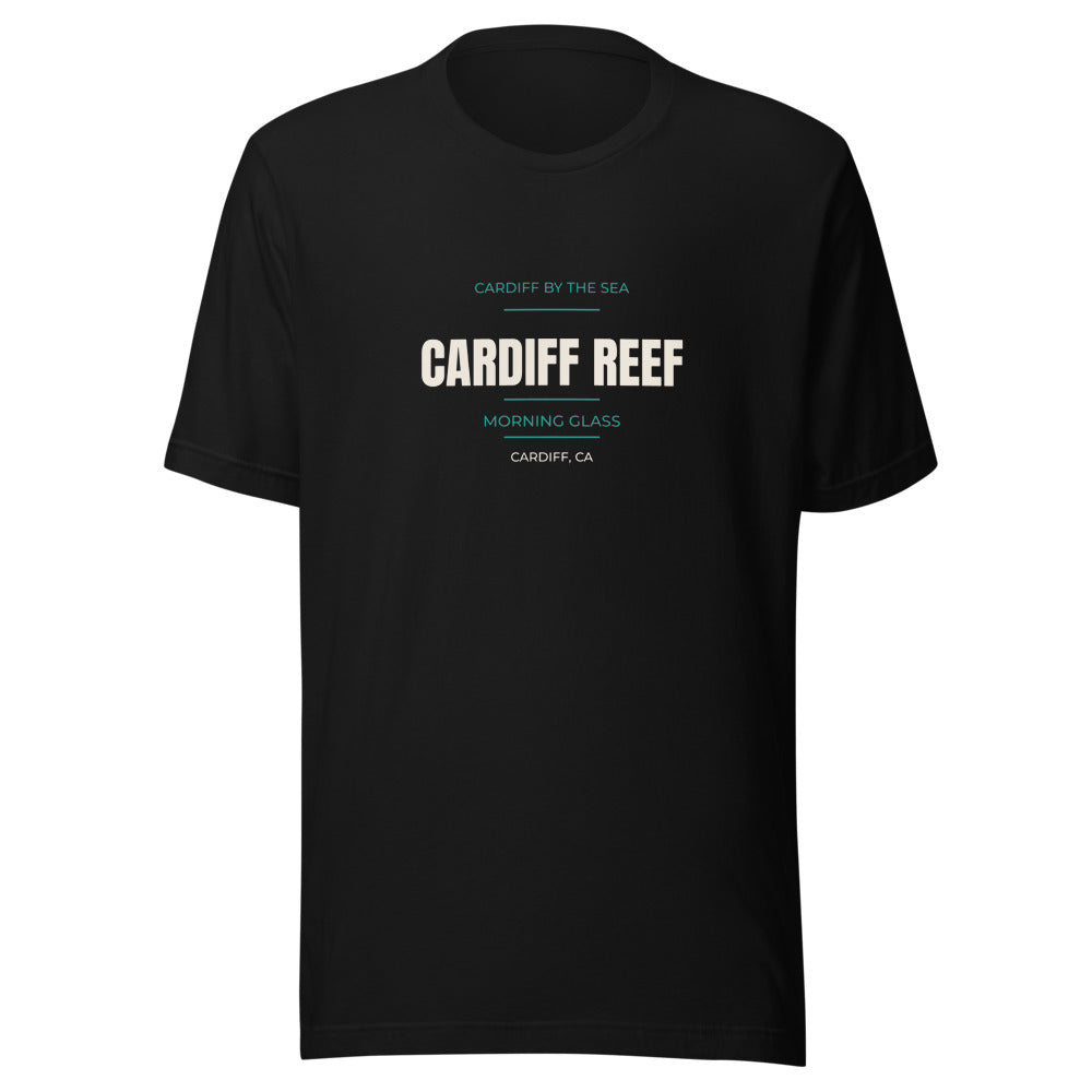 Black tee front with Cardiff by the Sea — Morning Glass print