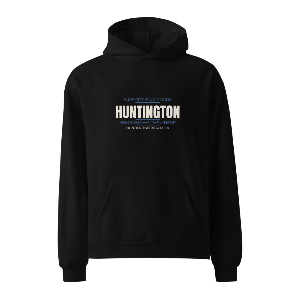 Black hoodie with Surf City Is a Zip Code — 92648 Knows the Lineup Huntington Beach print