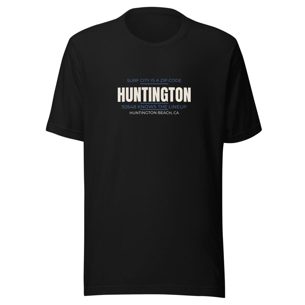 Black tee front with Surf City Is a Zip Code — 92648 Knows the Lineup print