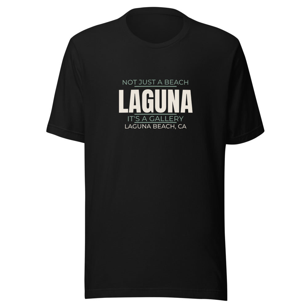 Black tee front with Not Just a Beach — It's a Gallery print