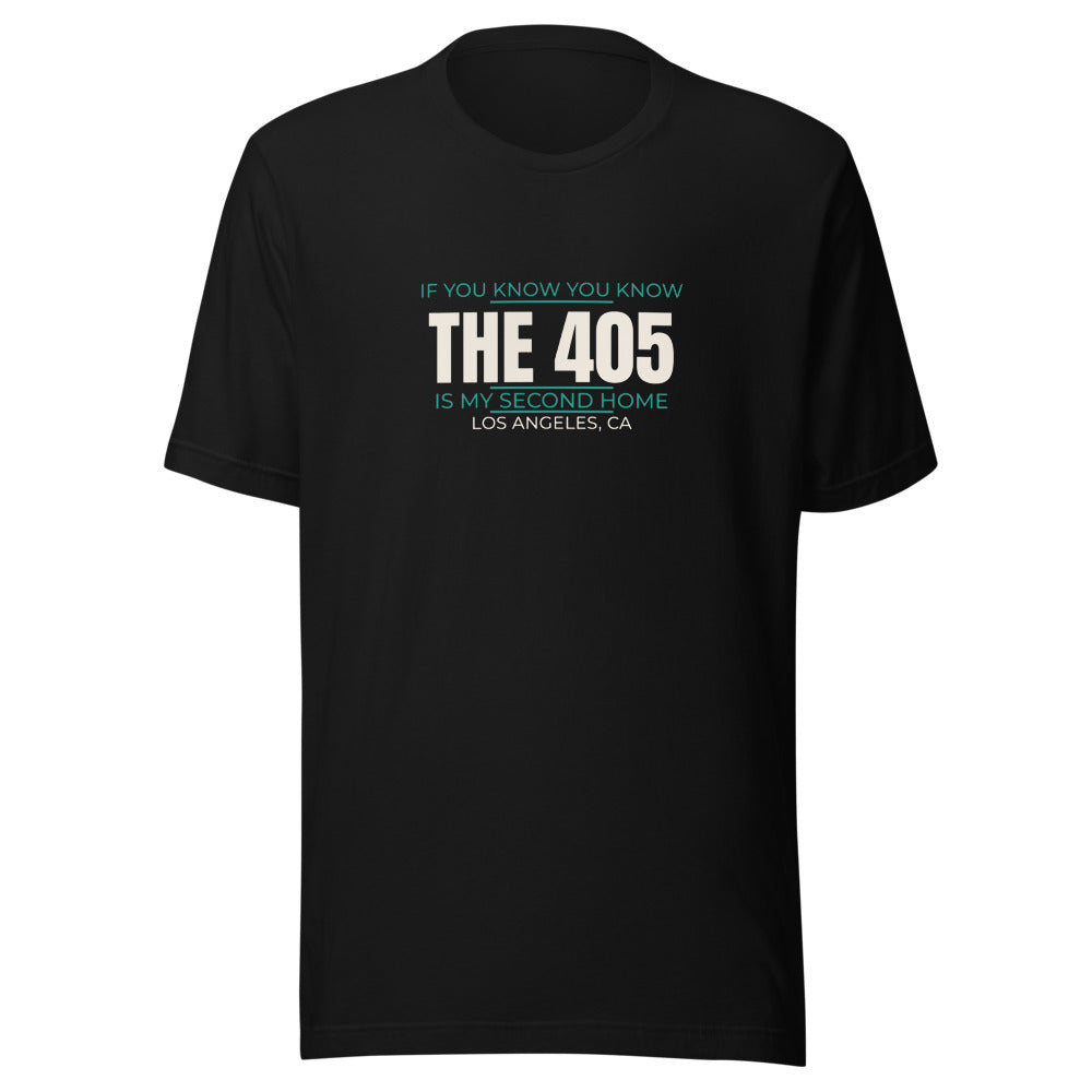 Black tee front with The 405 Is My Second Home print