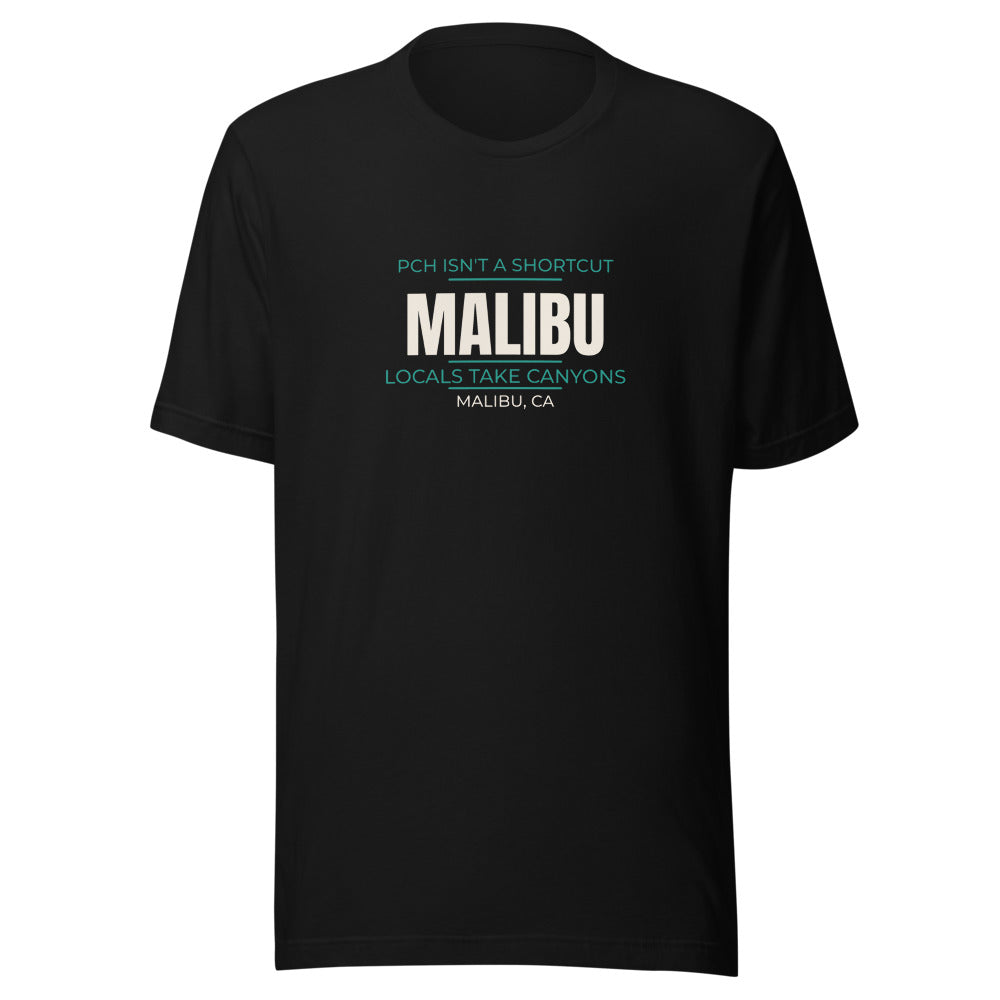 Black tee front with PCH Isn't a Shortcut print