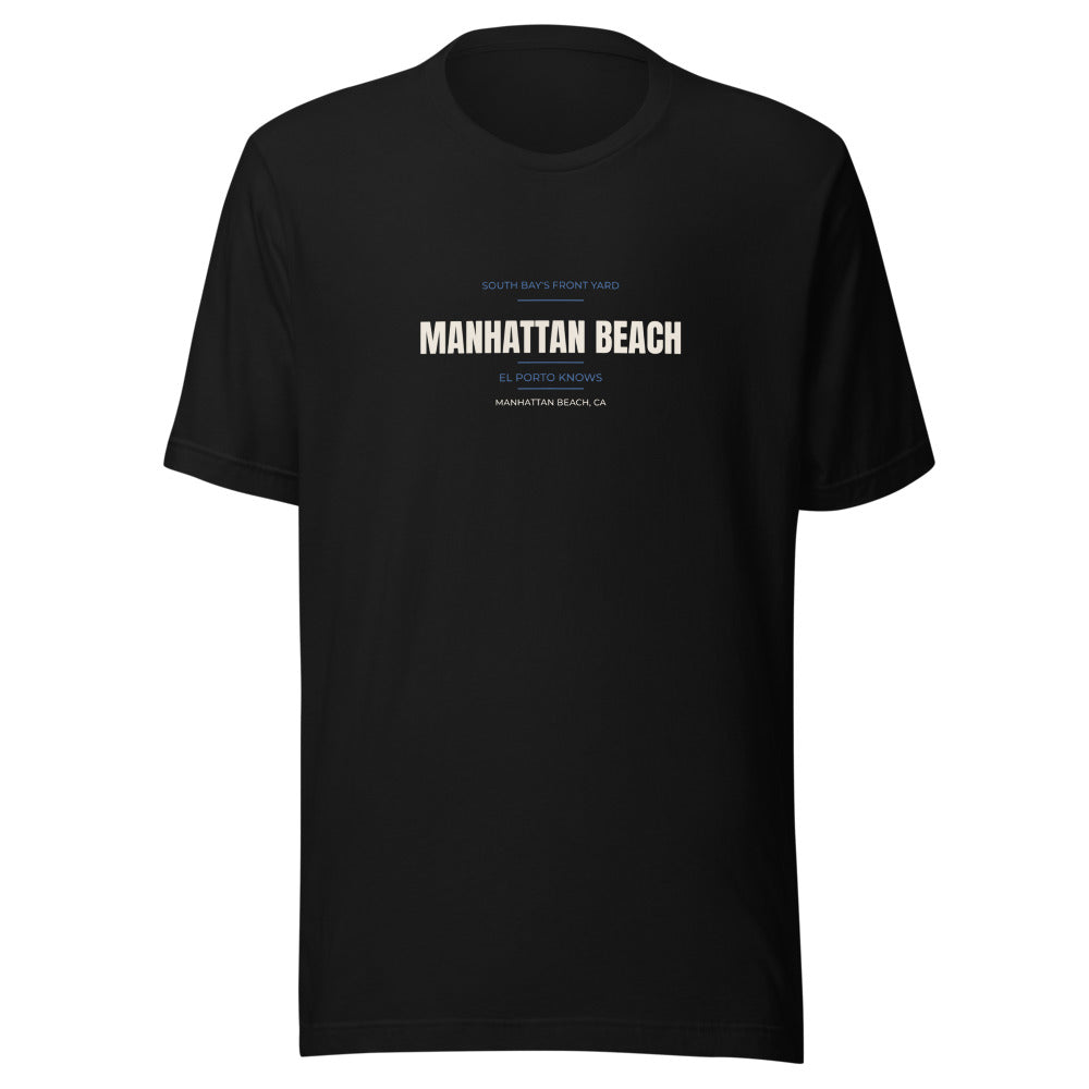 Black tee front with South Bay's Front Yard — El Porto Knows print