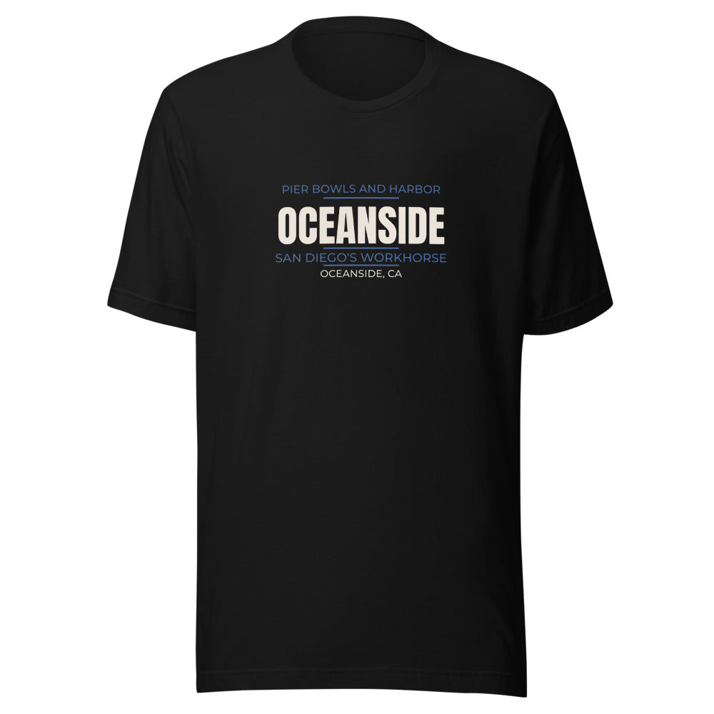Black tee front with Pier Bowls and Harbor — San Diego's Workhorse print