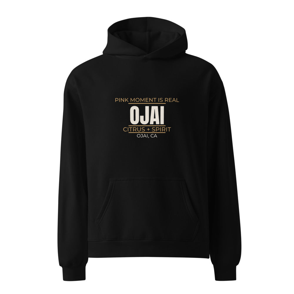 Black hoodie with Pink Moment Is Real — Citrus + Spirit Ojai print