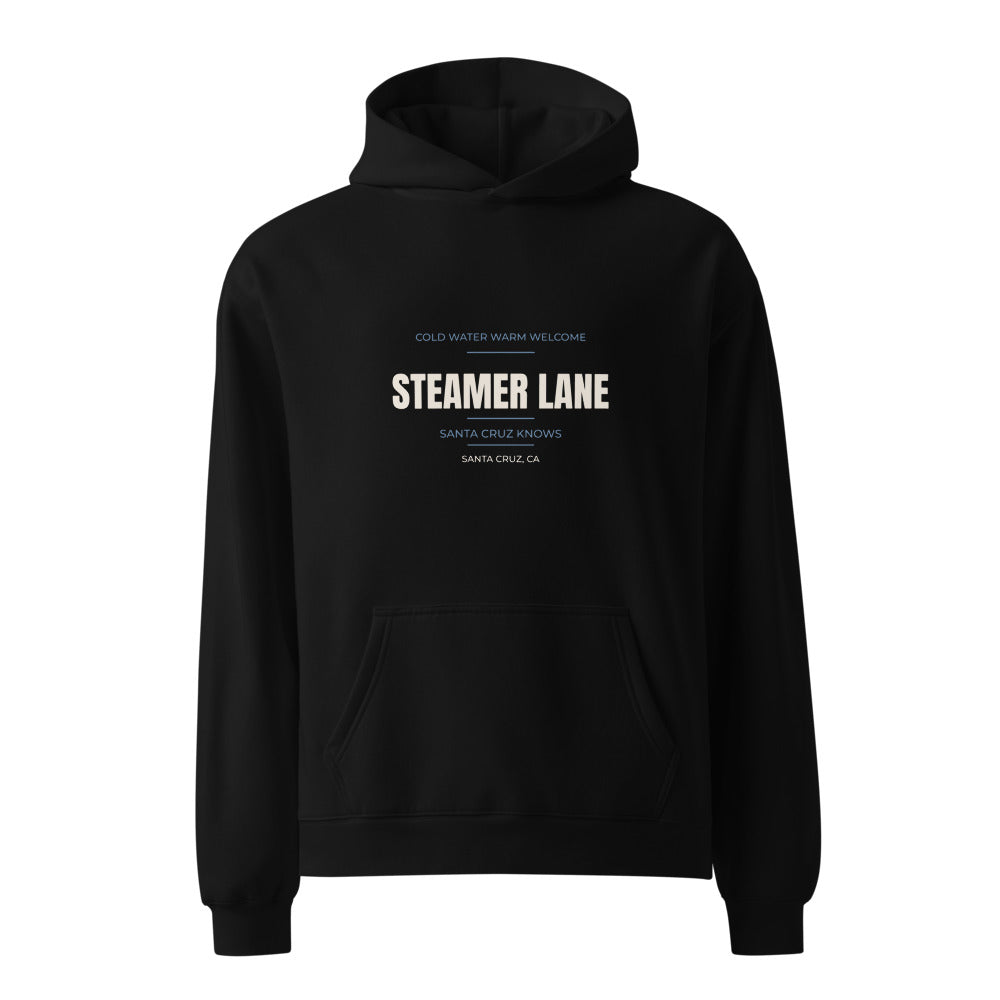 Black hoodie with Cold Water Warm Welcome — Santa Cruz Knows Steamer Lane print