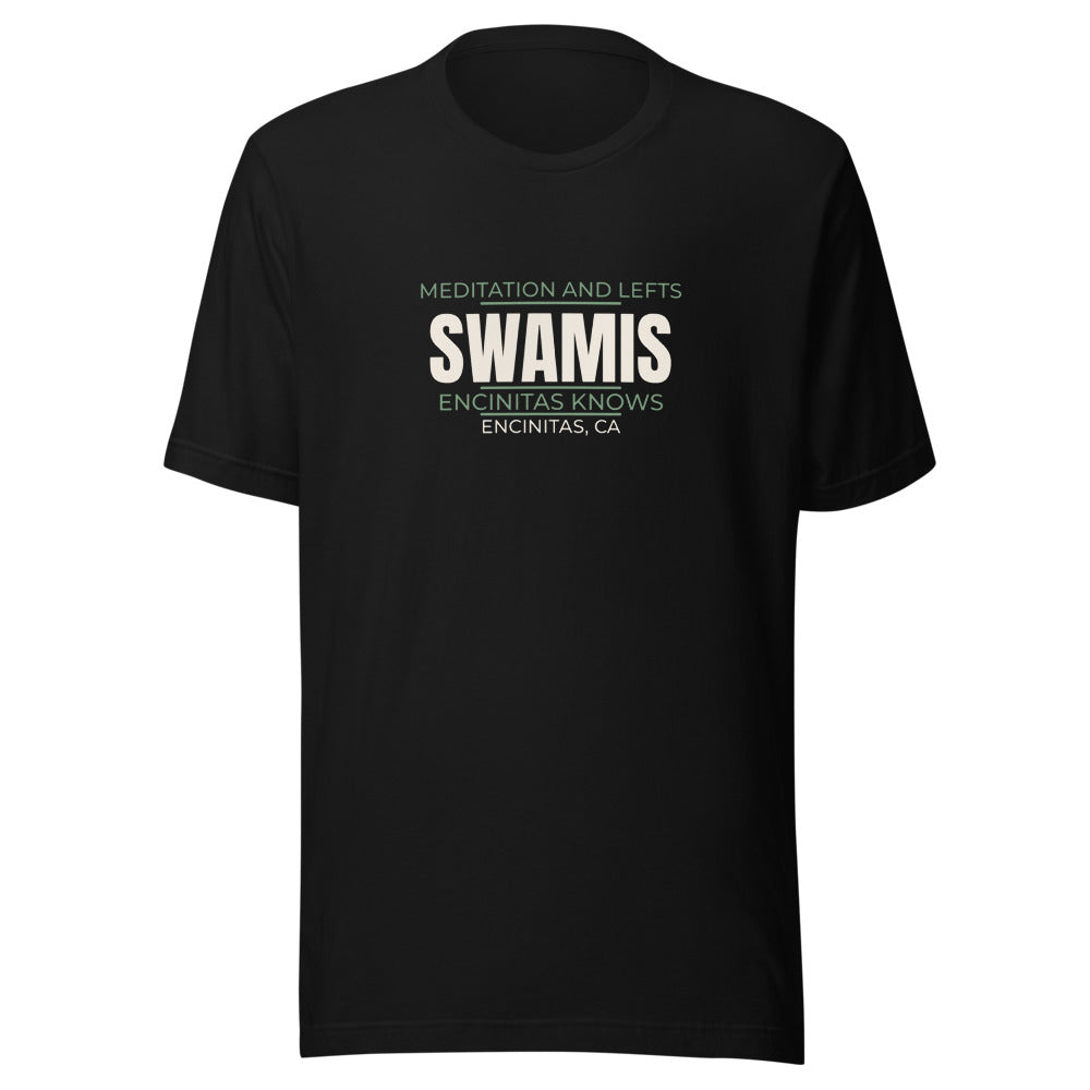 Black tee front with Meditation and Lefts — Encinitas Knows print