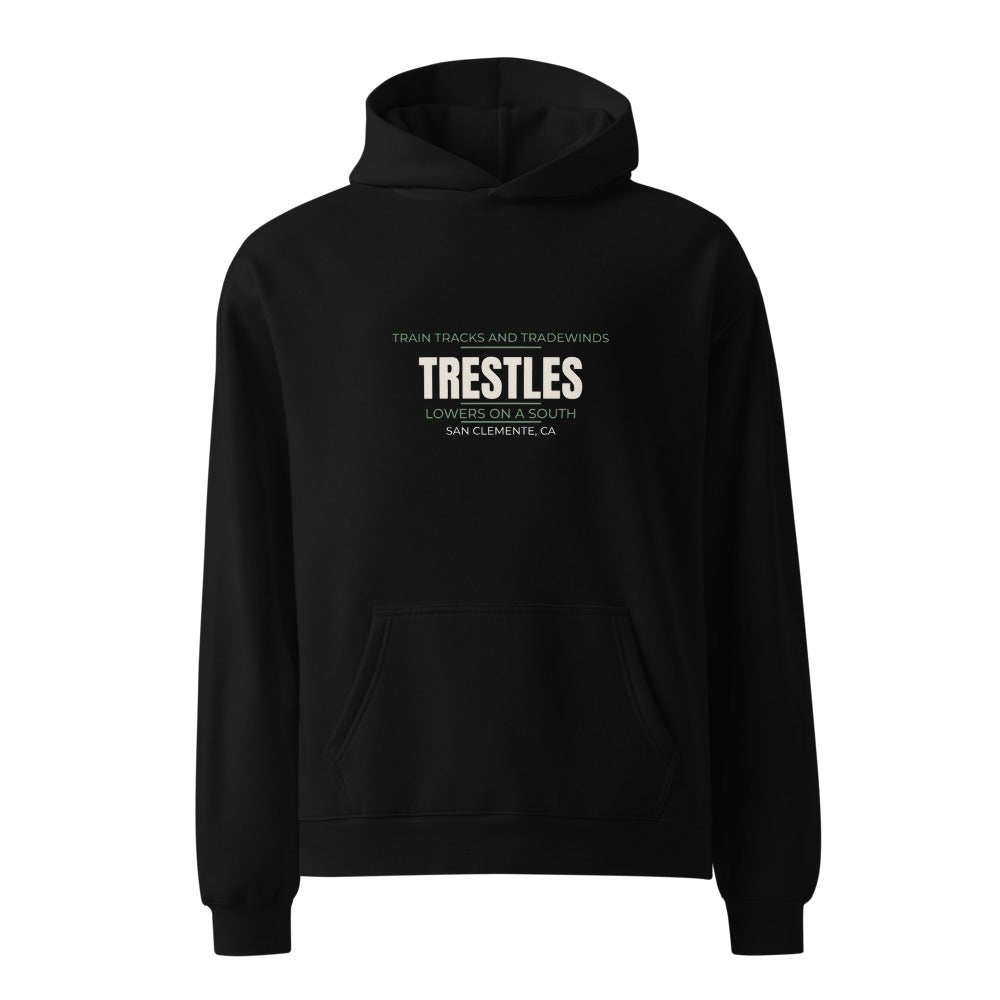 Black hoodie with Train Tracks and Tradewinds — Lowers on a South Trestles print