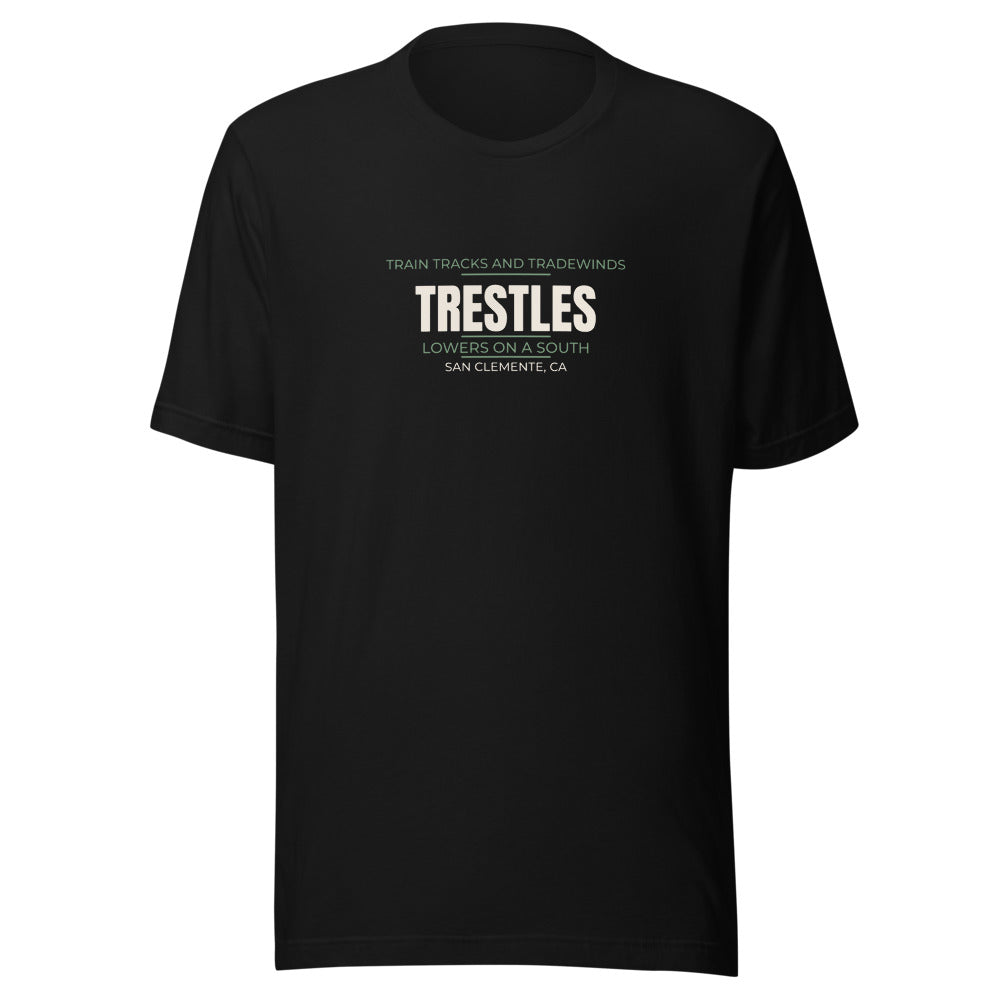 Black tee front with Train Tracks and Tradewinds — Lowers on a South print