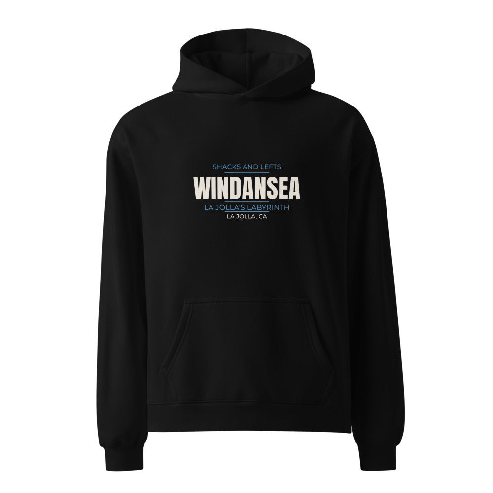 Black hoodie with Shacks and Lefts — La Jolla's Labyrinth Windansea print