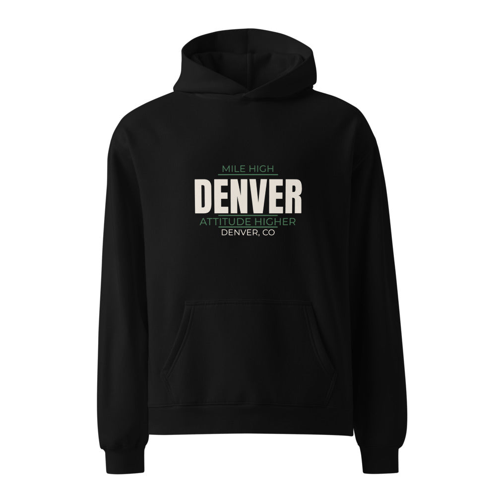 Black hoodie with Mile High Attitude Higher Denver print