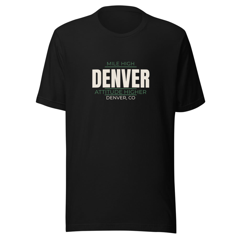 Black tee front with Mile High Attitude Higher print