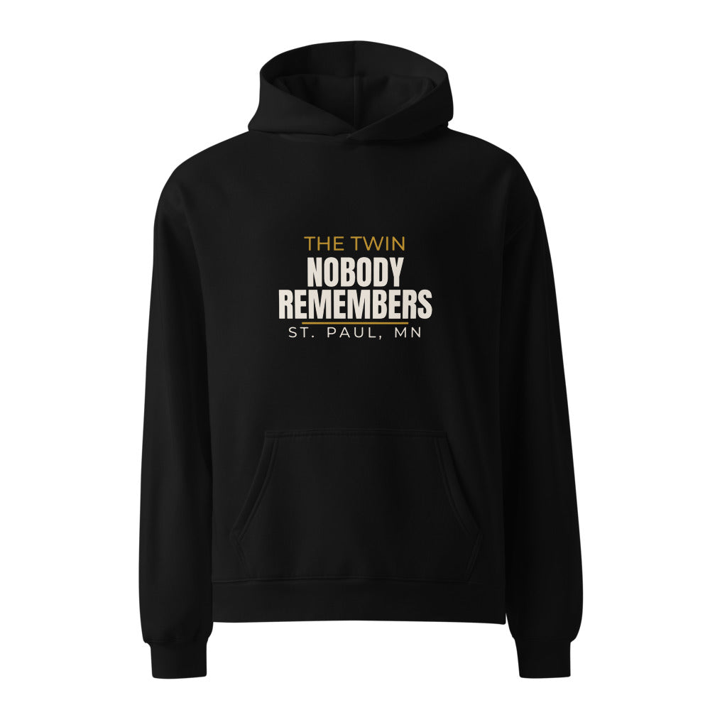 Black hoodie with The Twin Nobody Remembers St Paul capital print