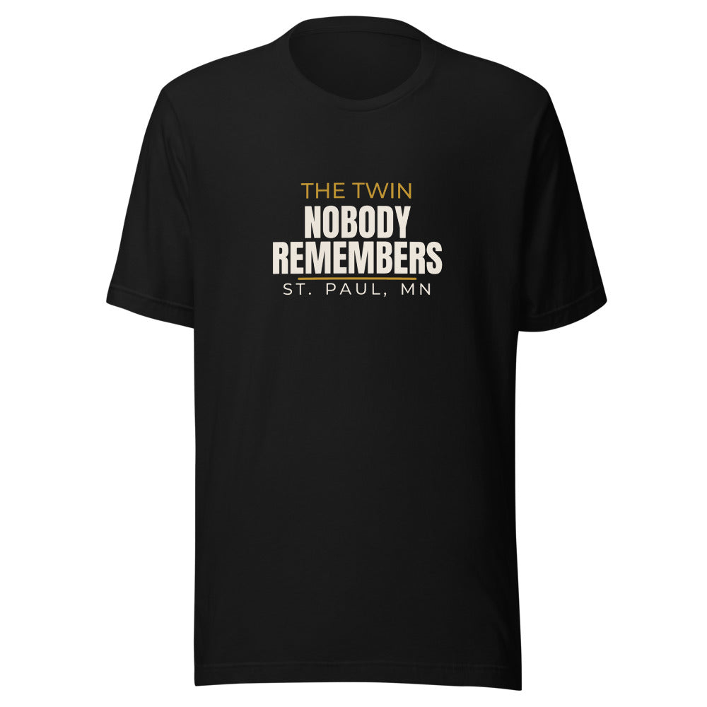 Black tee front with The Twin Nobody Remembers. print