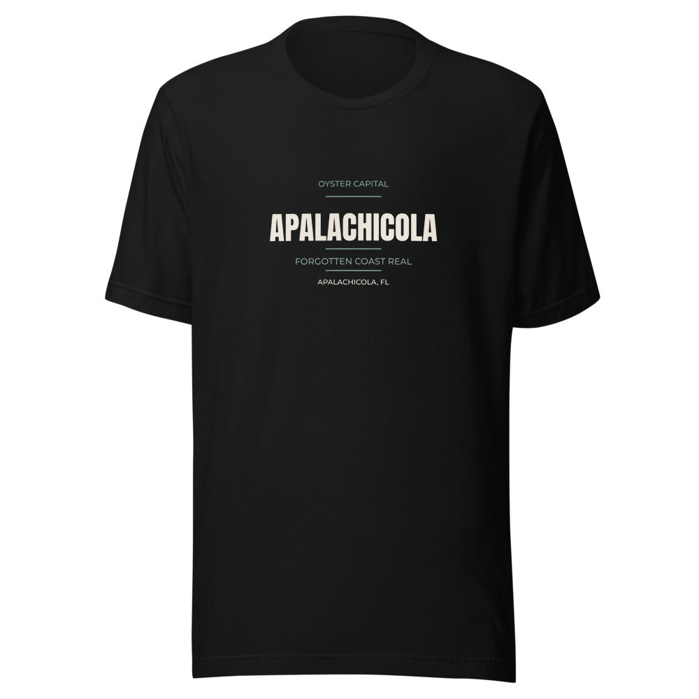 Black tee front with Oyster Capital — Forgotten Coast Real print