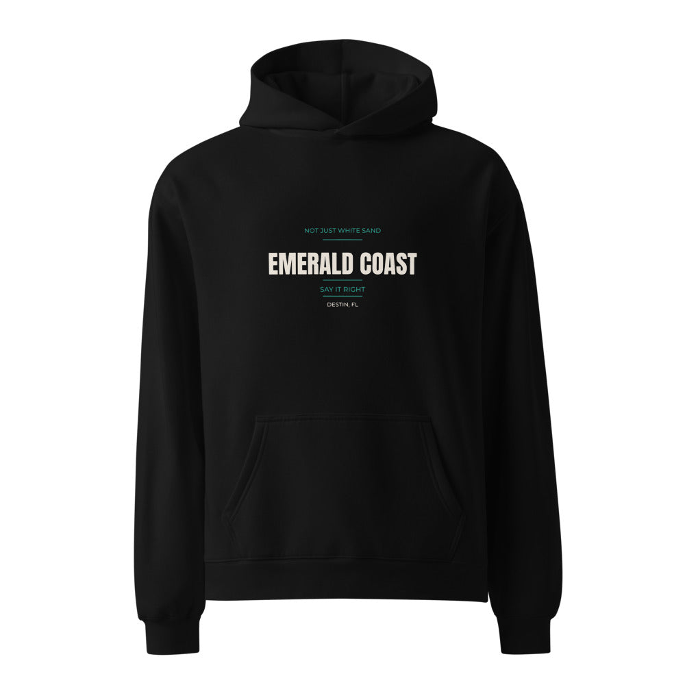 Black hoodie with Emerald Coast Say It Right Destin print