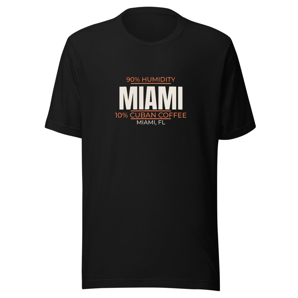Black tee front with 90% Humidity 10% Cuban Coffee print