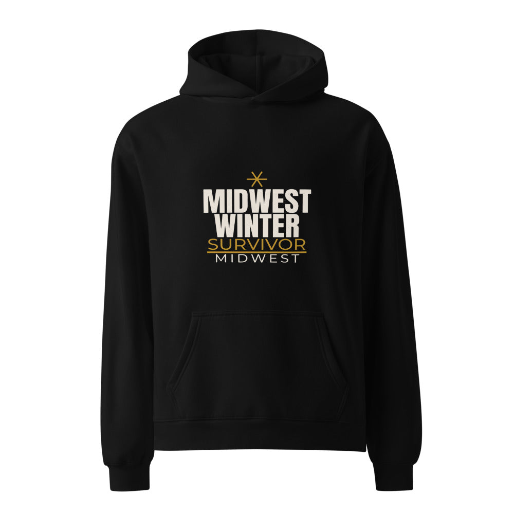 Black hoodie with Midwest Winter Survivor regional humor print