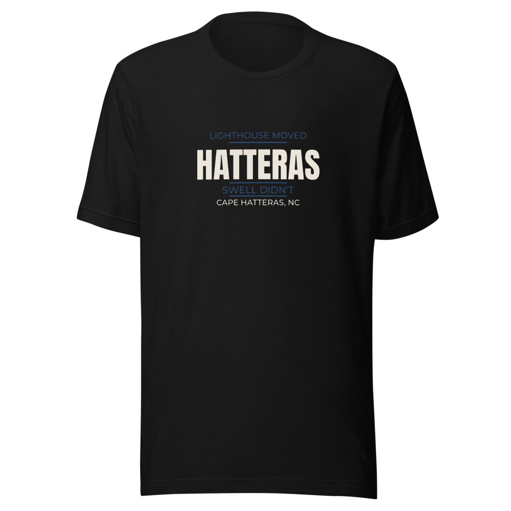 Black tee front with Lighthouse Moved Swell Didn't print