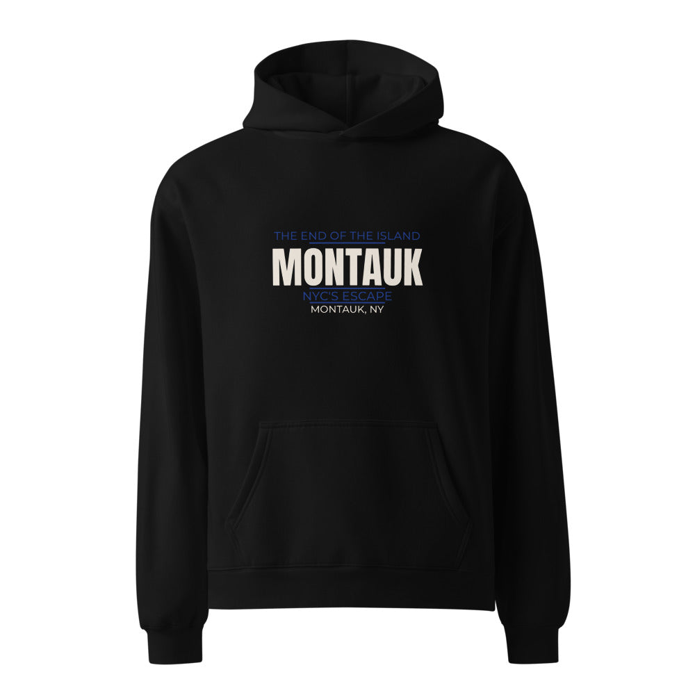 Black hoodie with The End of the Island — NYC's Escape Montauk print