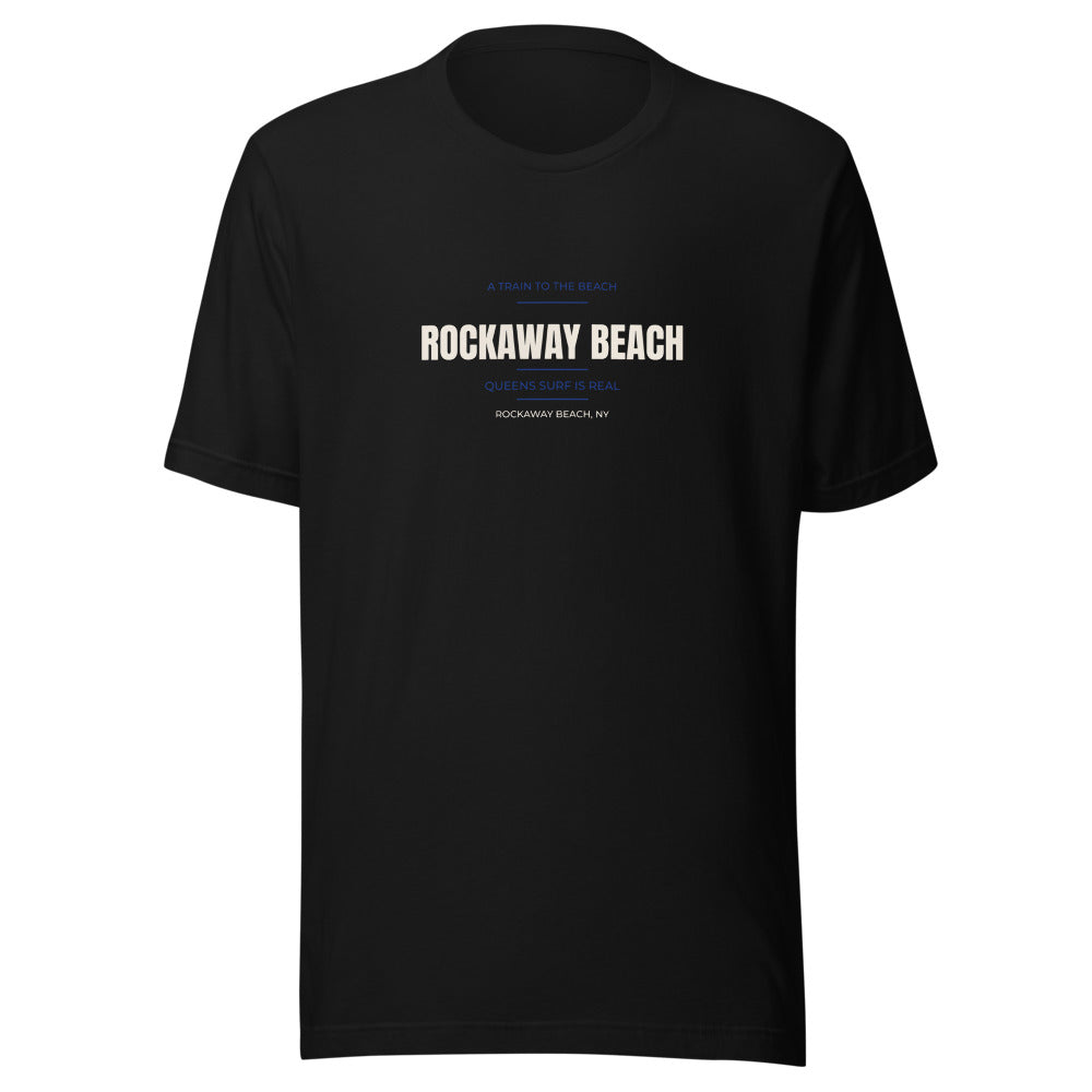 Black tee front with A Train to the Beach — Queens Surf Is Real print