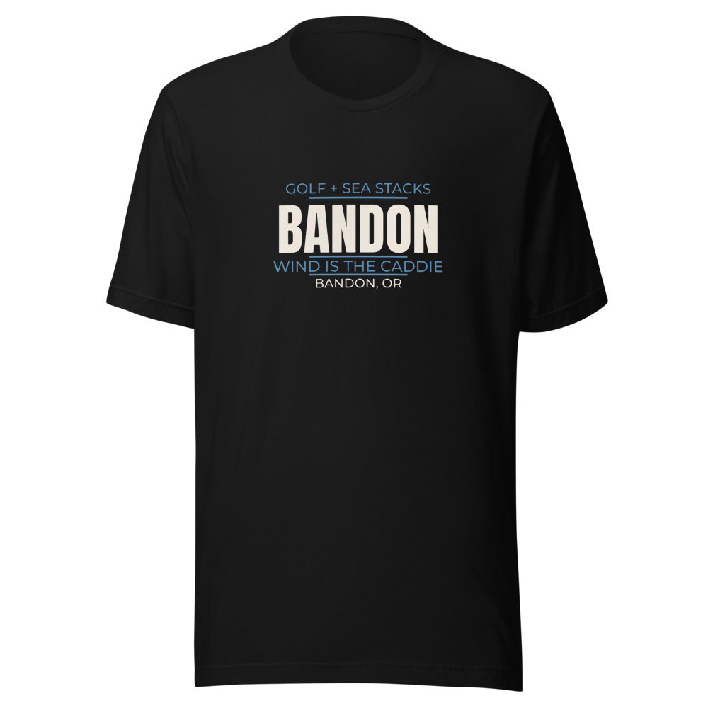 Black tee front with Golf + Sea Stacks — Wind Is the Caddie print