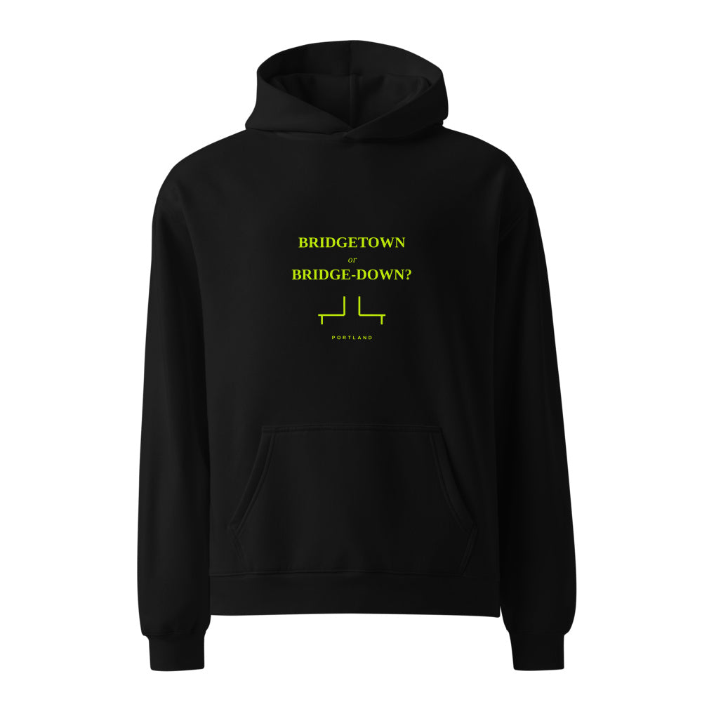 Portland Bridgetown or Bridge-Down black hoodie front in white studio | Kreativ