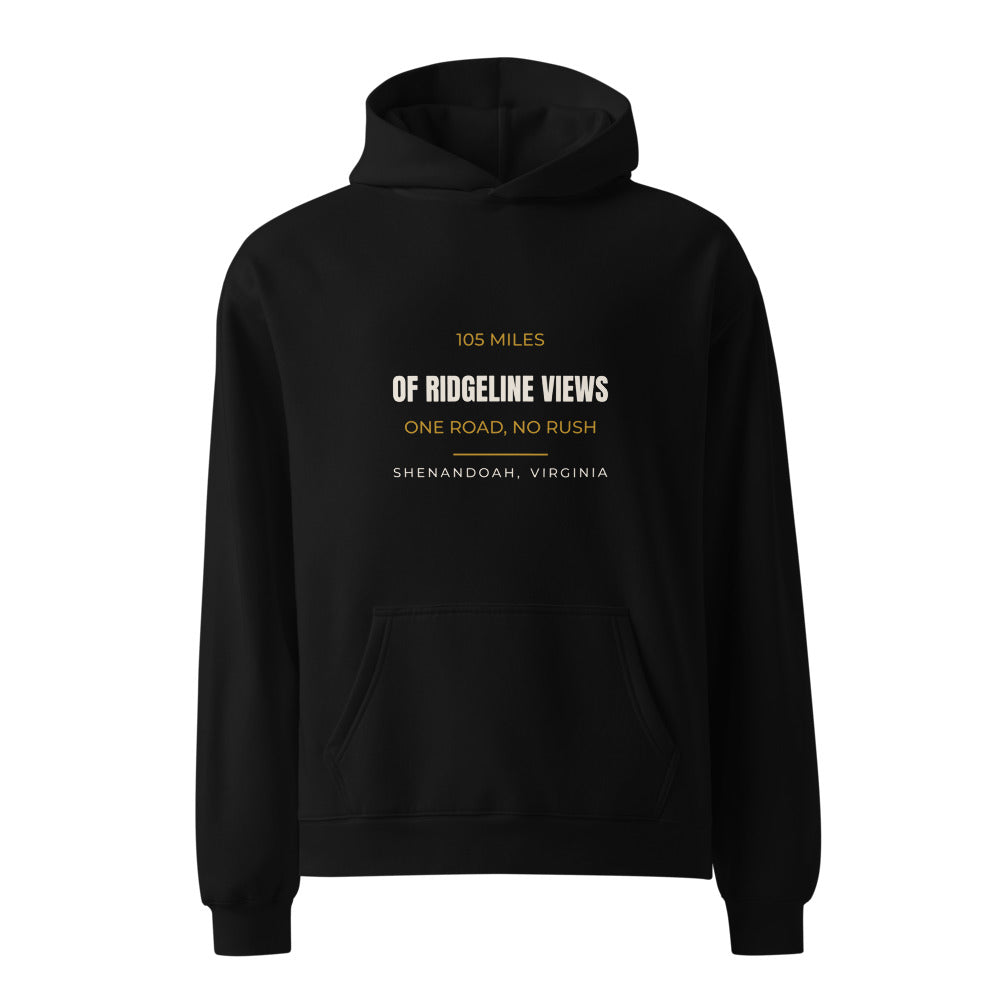 Black hoodie with 105 Miles Of Ridgeline Views One Road, No Rush Virginia park print