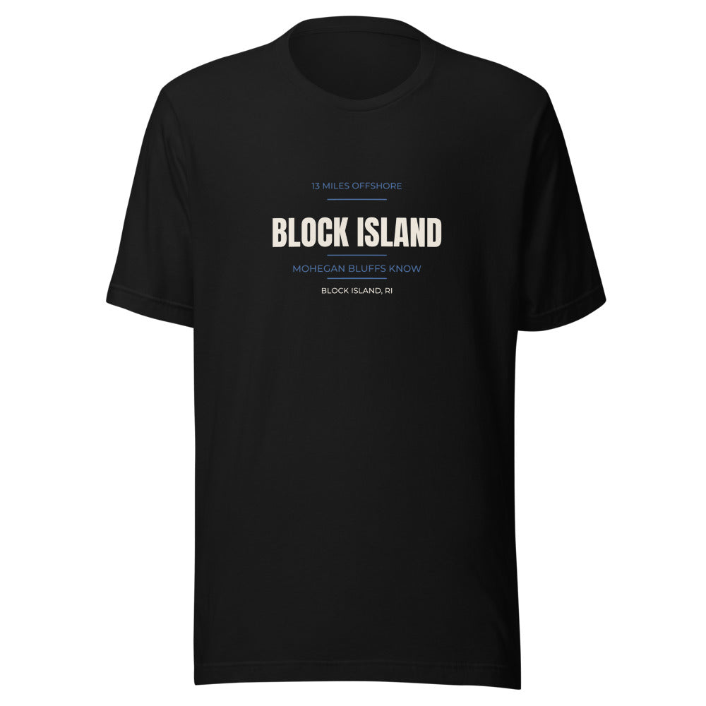 Black tee front with 13 Miles Offshore — Mohegan Bluffs Know print