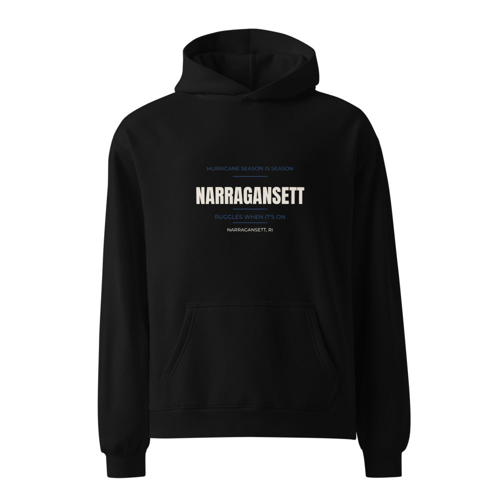 Black hoodie with Hurricane Season Is Season — Ruggles When It's On Narragansett print