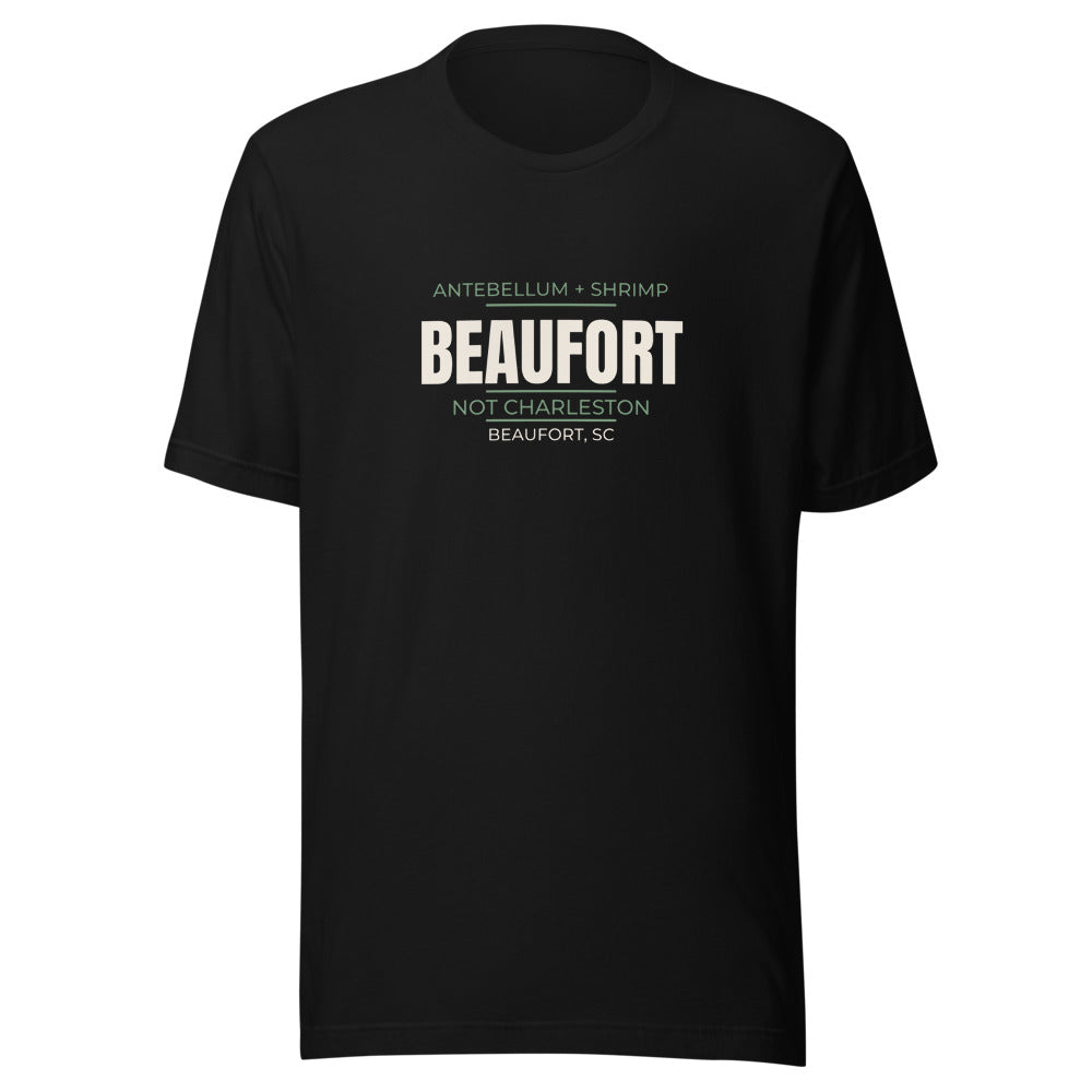 Black tee front with Antebellum + Shrimp — Not Charleston print