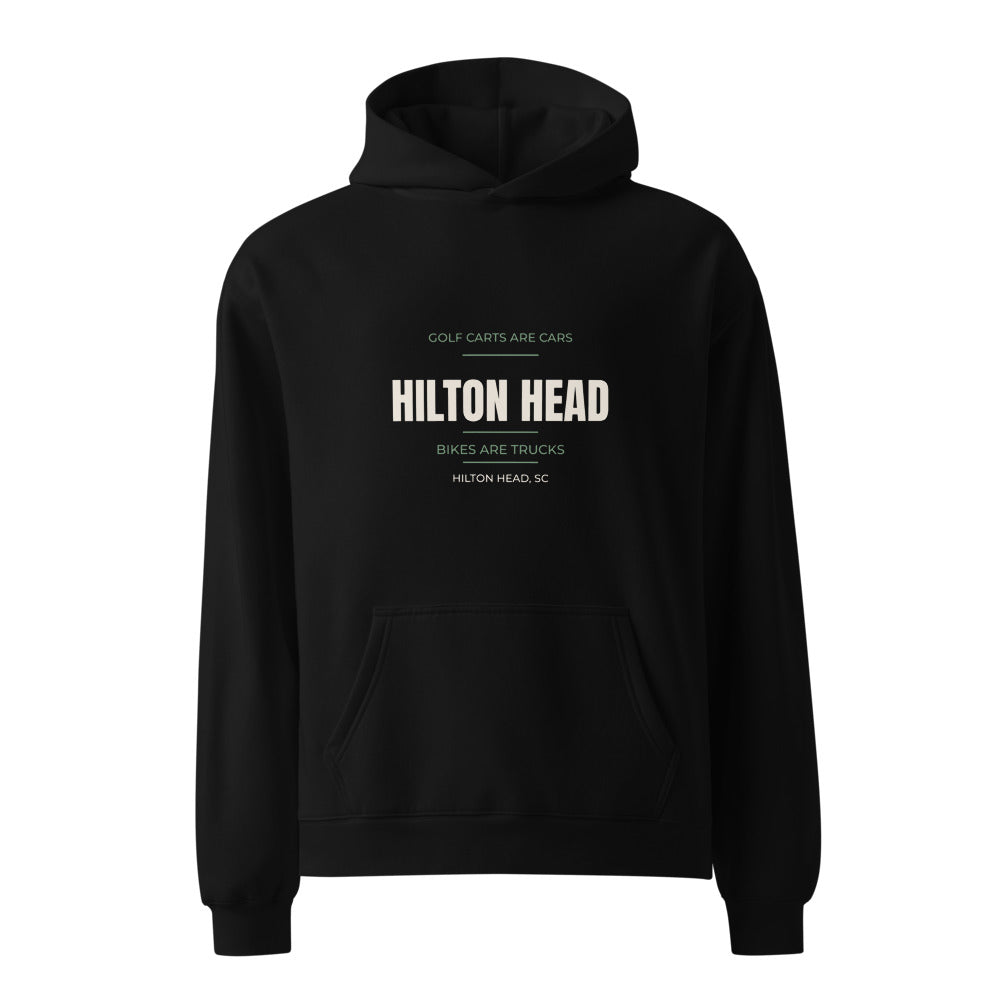 Black hoodie with Golf Carts Are Cars Bikes Are Trucks Hilton Head print