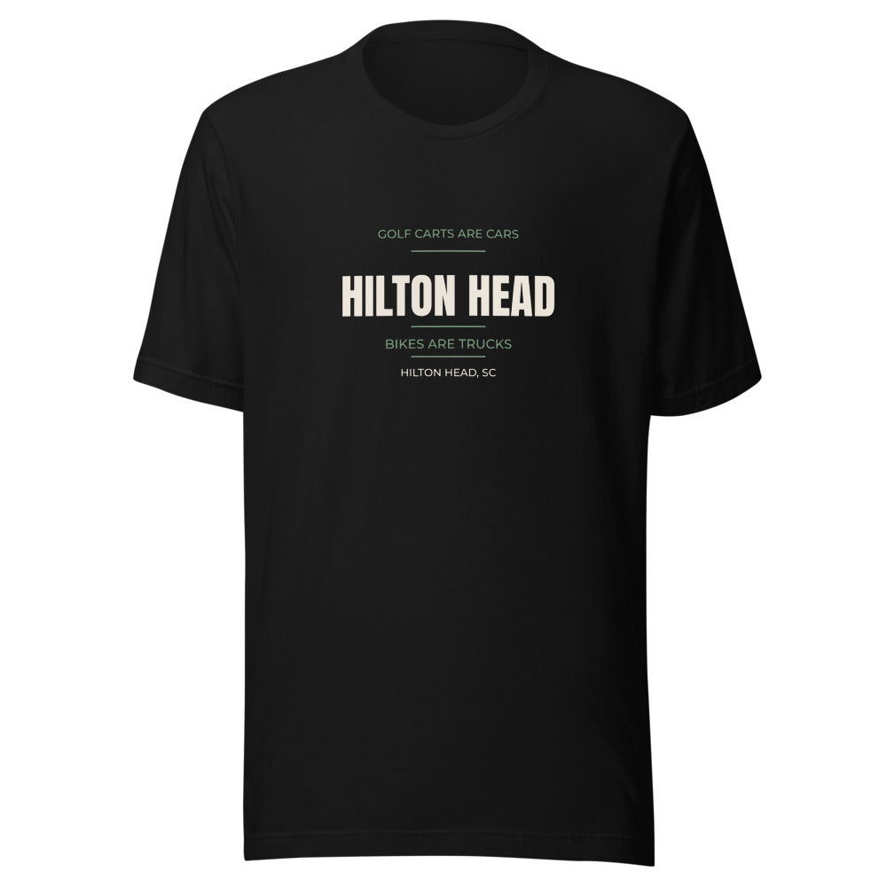 Black tee front with Golf Carts Are Cars Bikes Are Trucks print