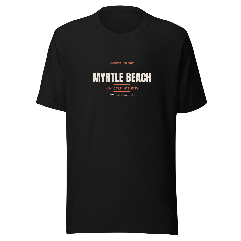 Black tee front with Official Sport Mini Golf Intensity print