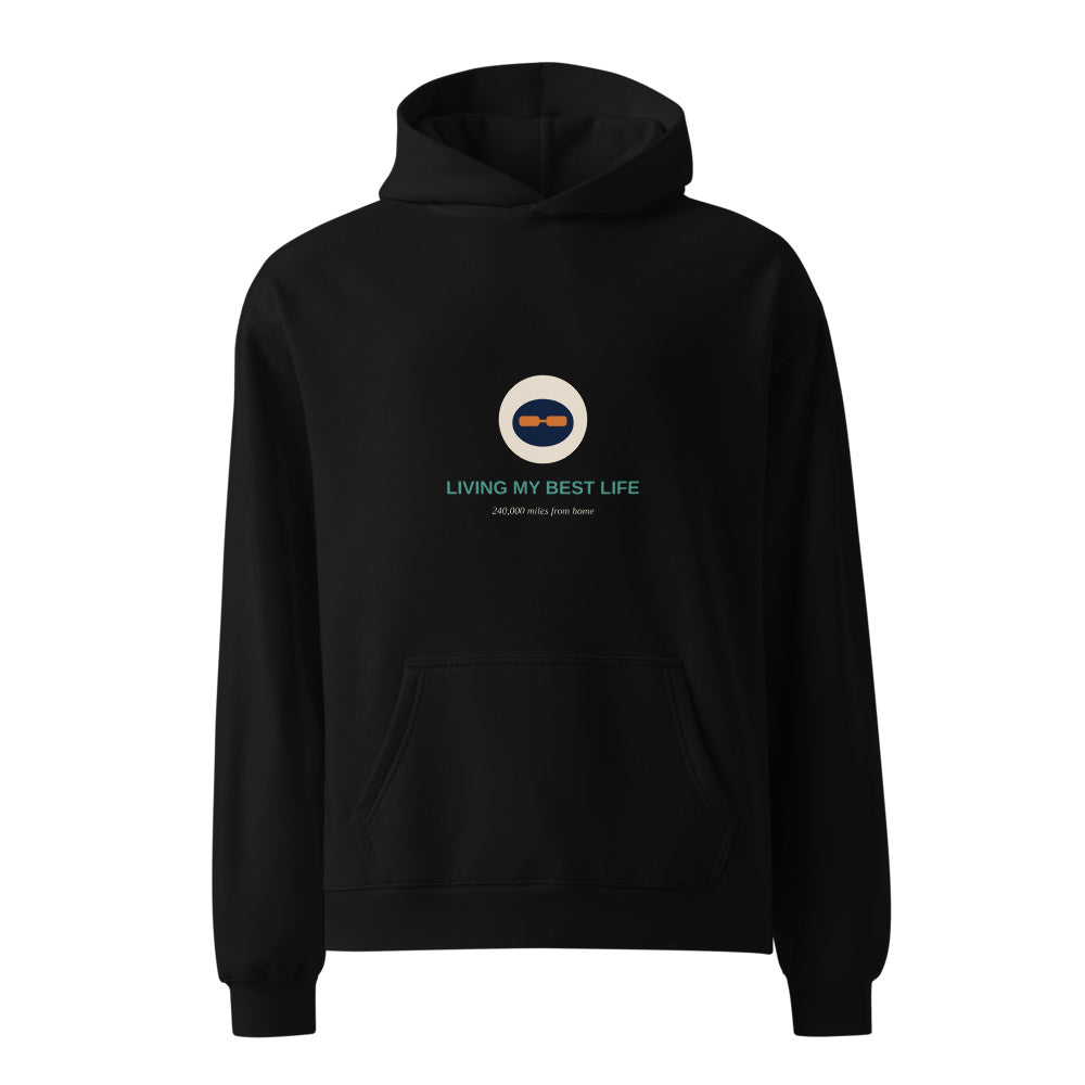 Astronaut Humor black hoodie front in white studio | Kreativ