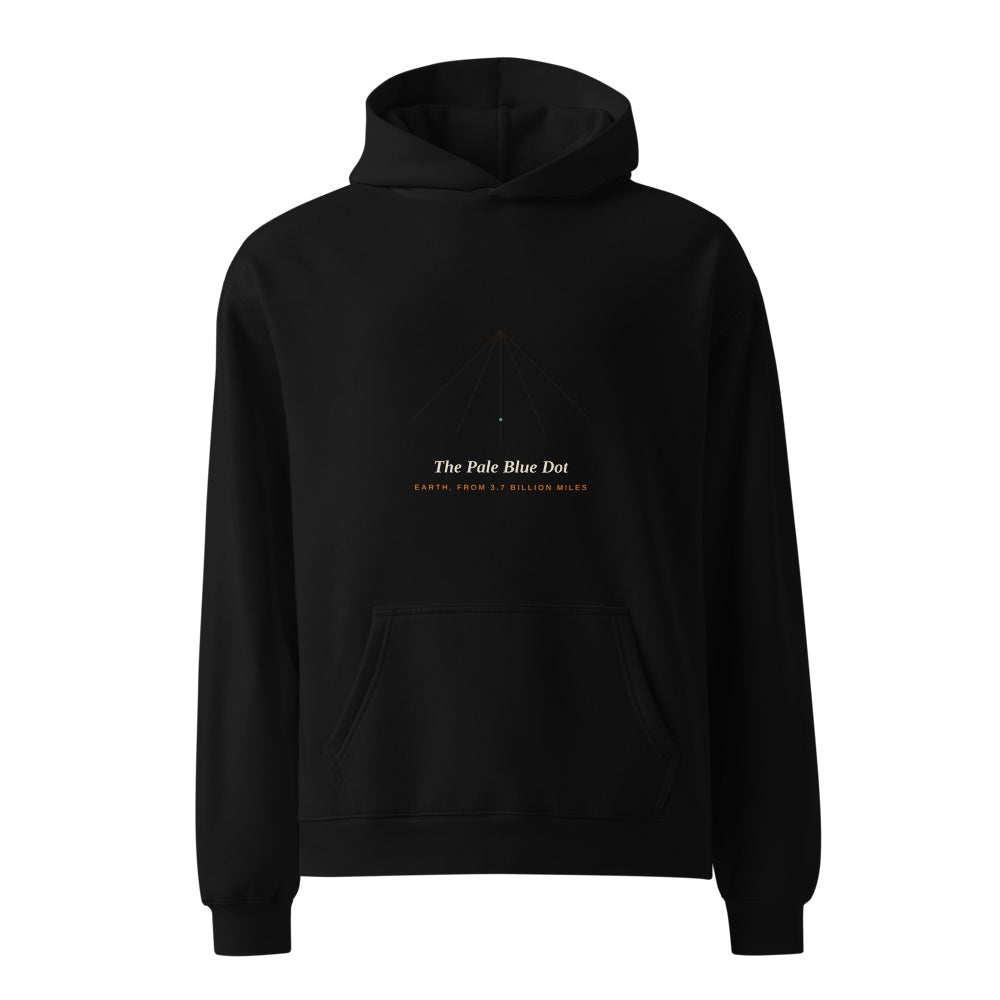 Pale Blue Dot black hoodie front in white studio | Kreativ