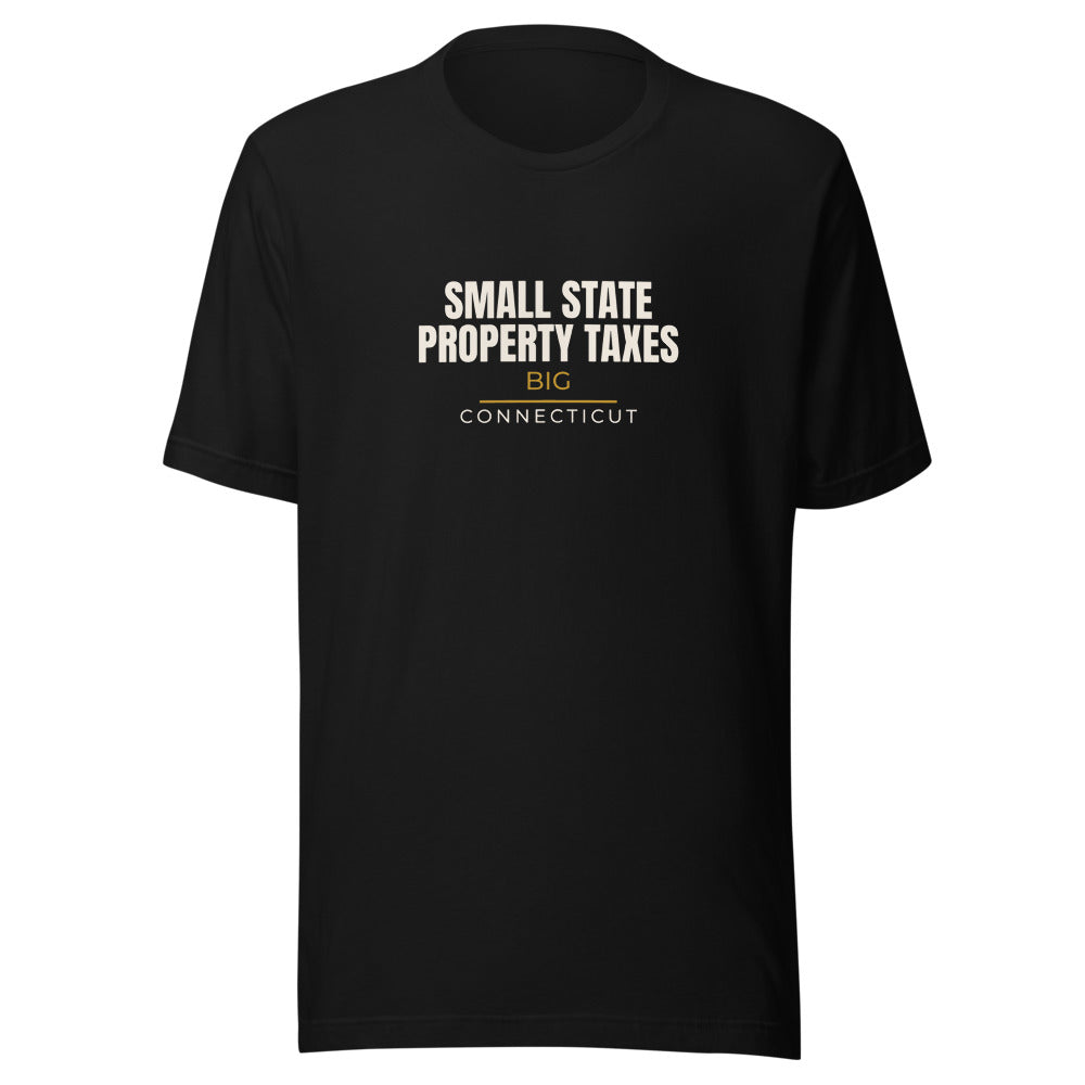 Black tee front with Small State Big Property Taxes print