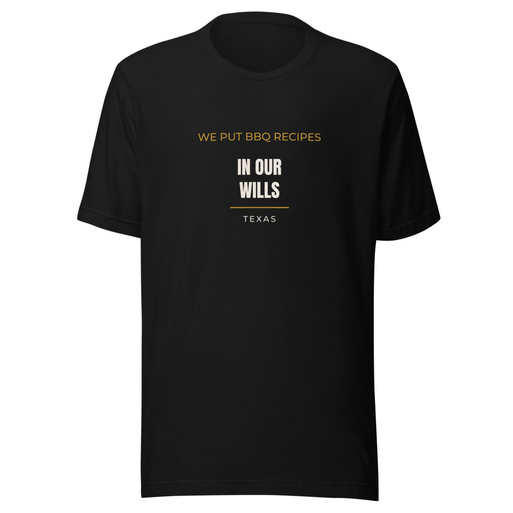 Black tee front with We Put BBQ Recipes In Our Wills print