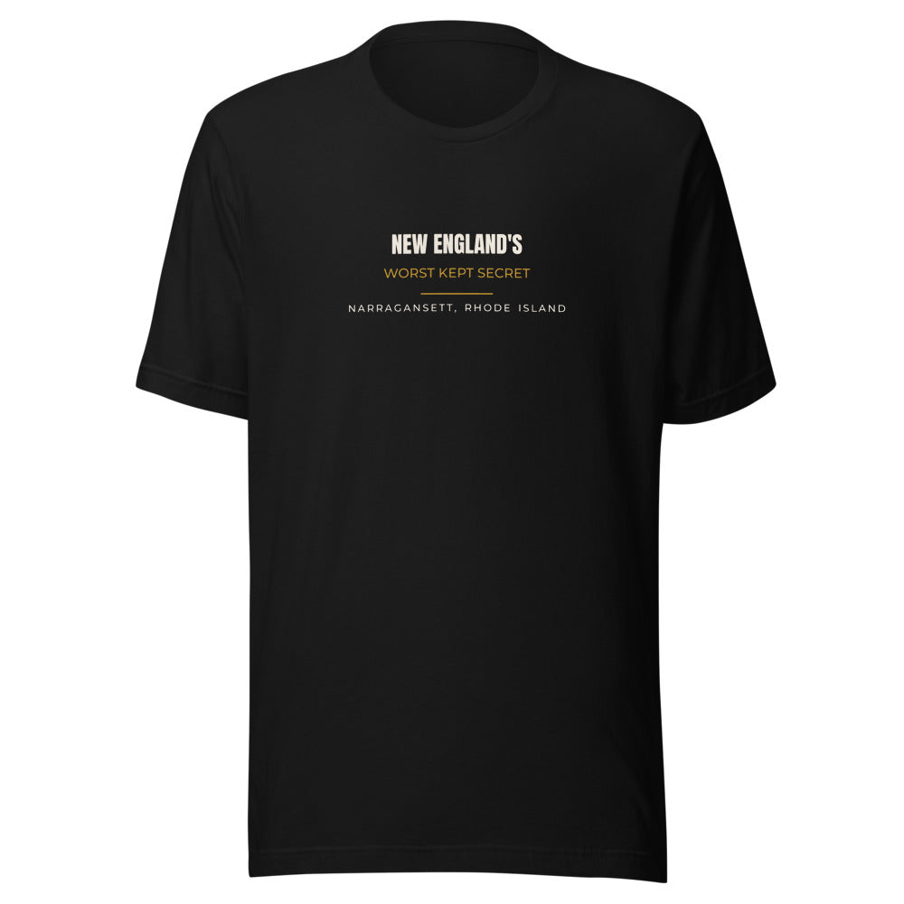 Black tee front with New England's Worst Kept Secret print