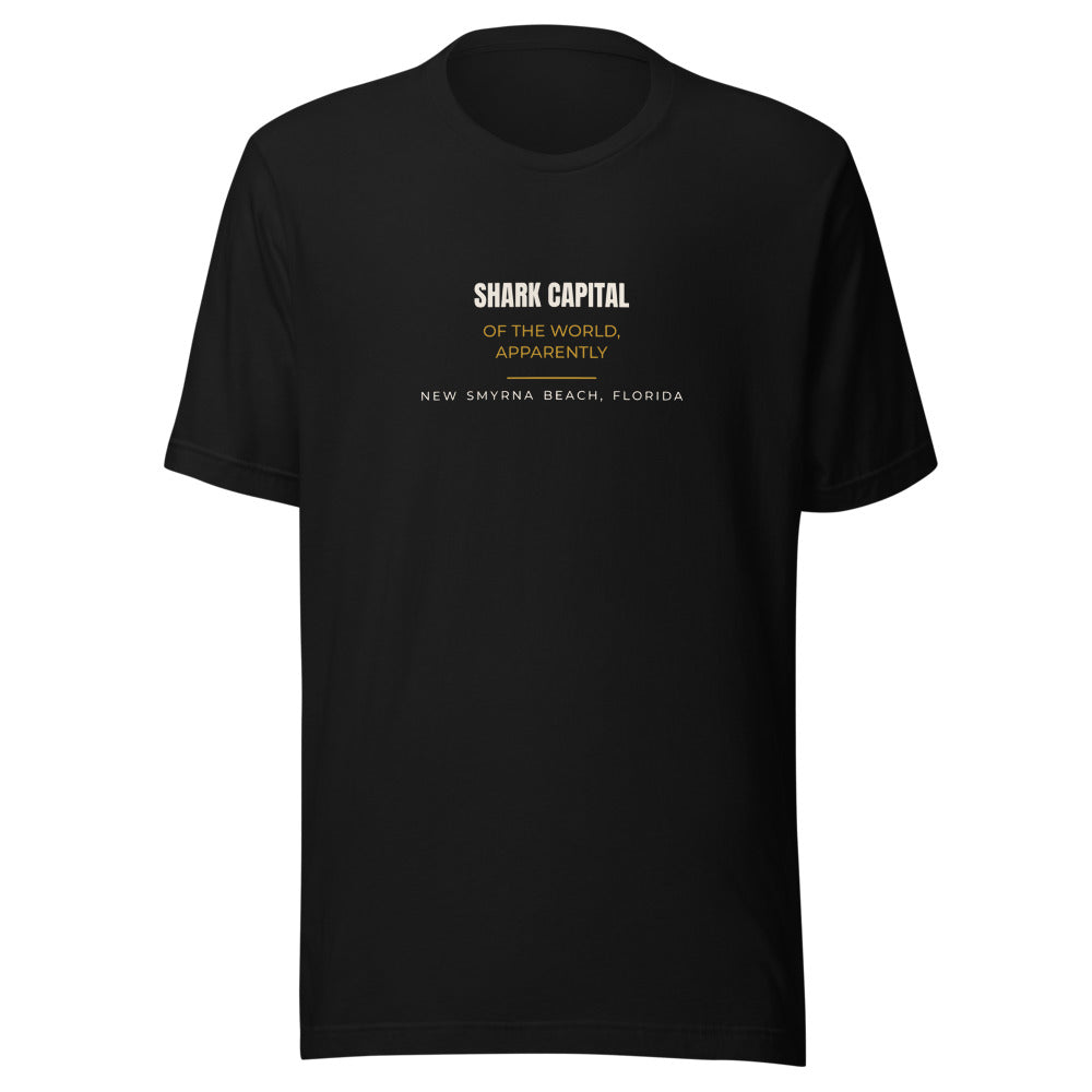 Black tee front with Shark Capital of the World, Apparently print
