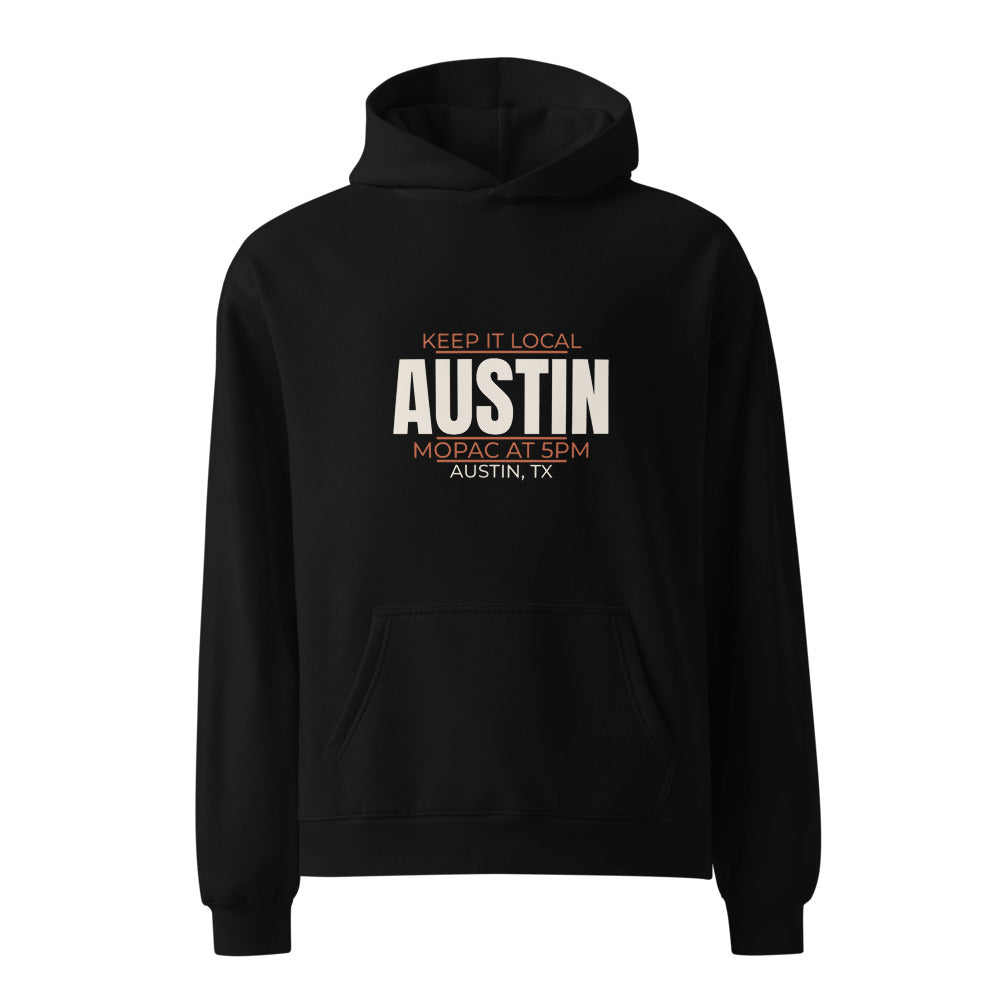 Black hoodie with Mopac at 5pm Austin print