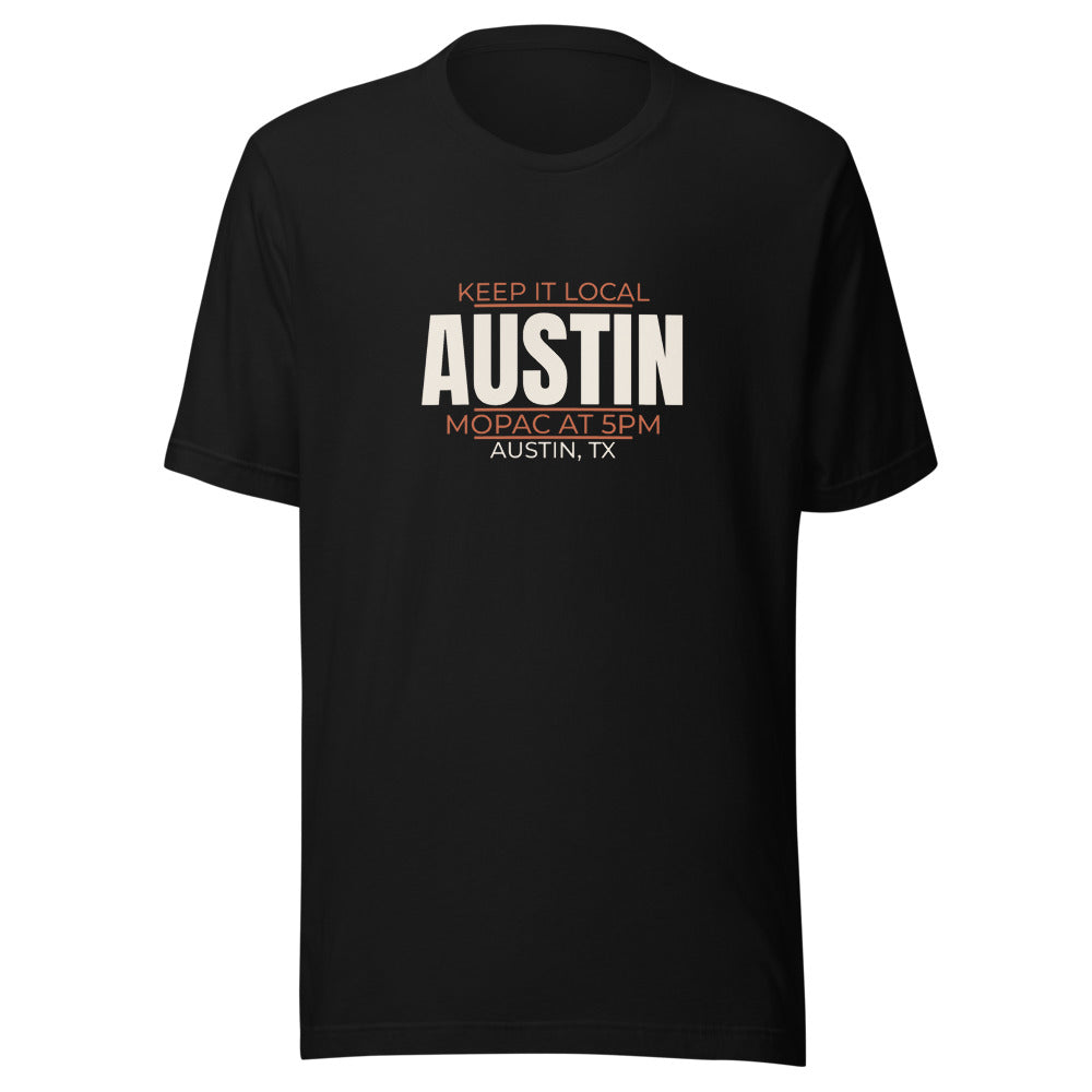 Black tee front with Mopac at 5pm print