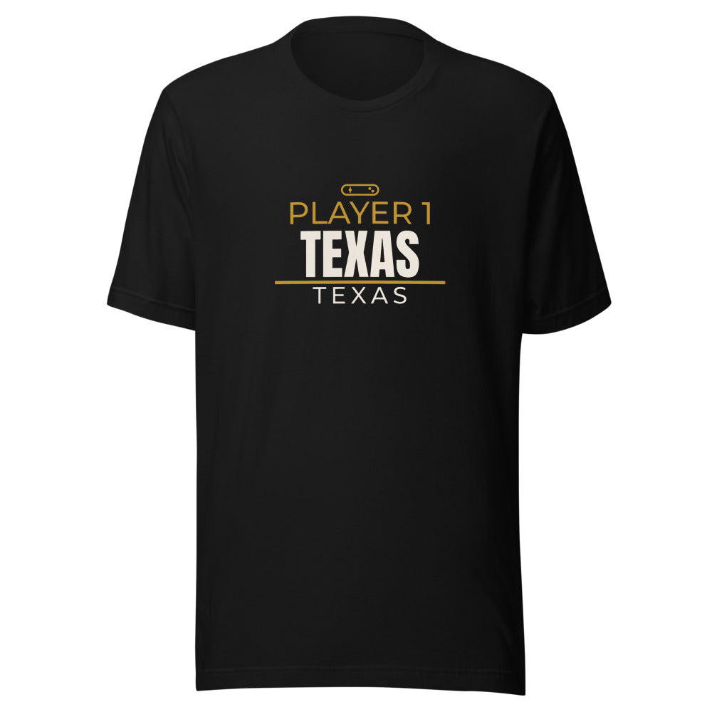 Black tee front with Player 1, Texas print