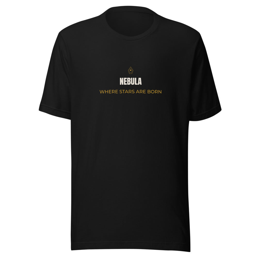 Black tee front with Nebula Where Stars Are Born. print