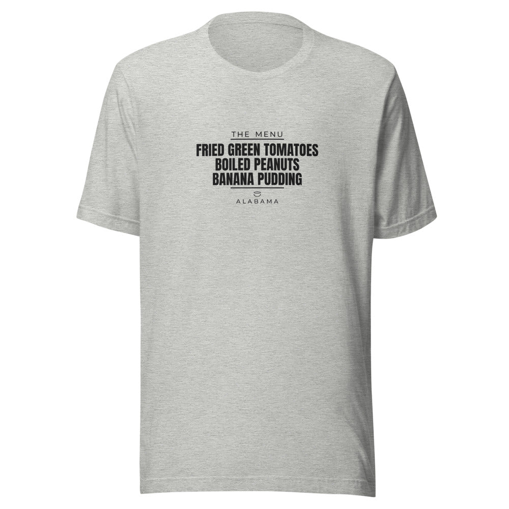 Alabama tee that says Fried Green Tomatoes, Boiled Peanuts, Banana Pudding